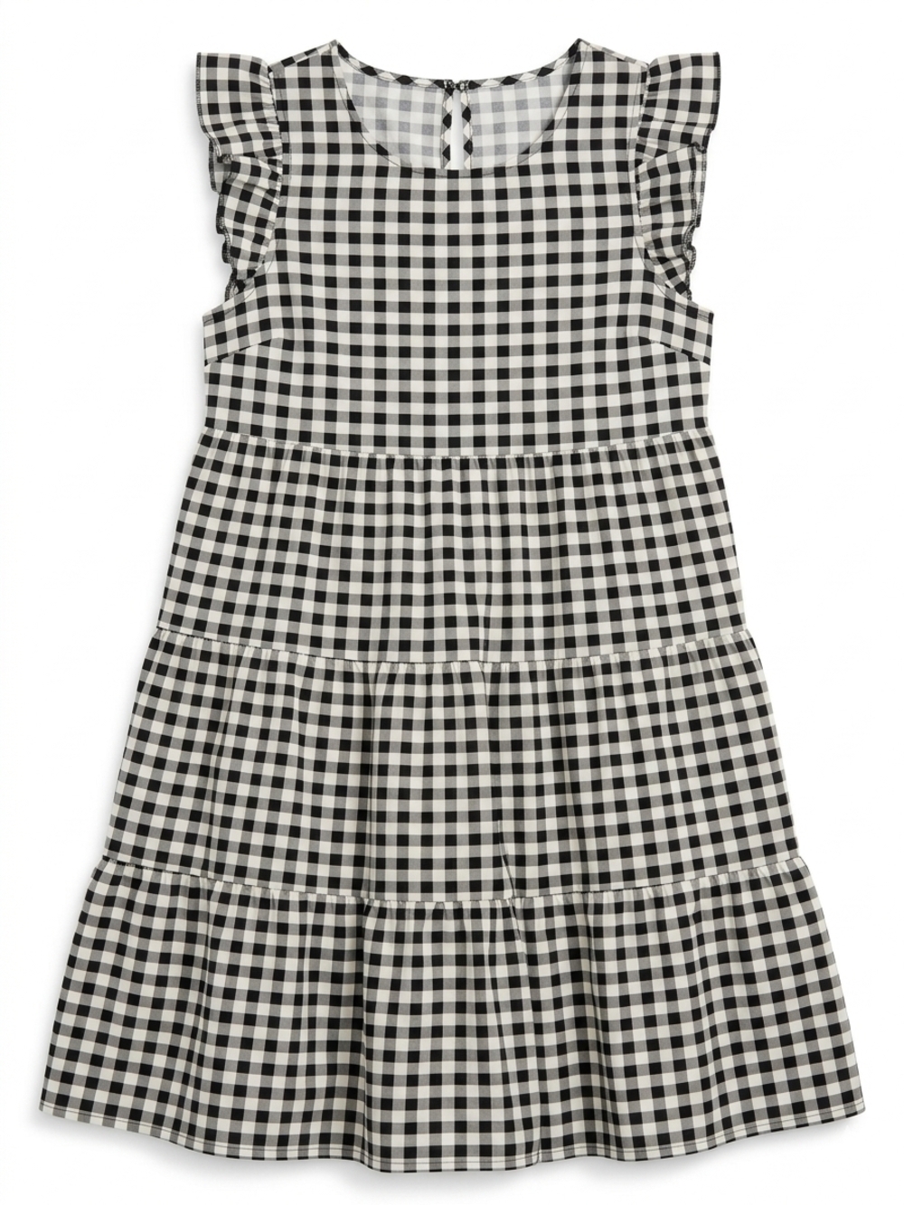 SHEIN Black and White Gingham Tiered Dress with Flutter Sleeves